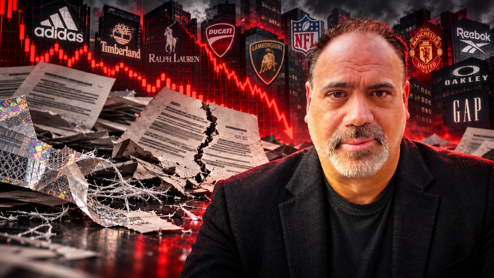 Editorial composite of George Monemvasitis, advertised brand names, fractured corporate documents and a falling market chart